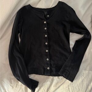 LESET Black Ribbed Button-Up Top